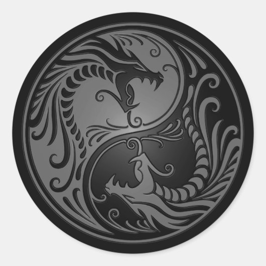 Grijs en Zwart Yin Yang Dragons Ronde Sticker (Voorkant)