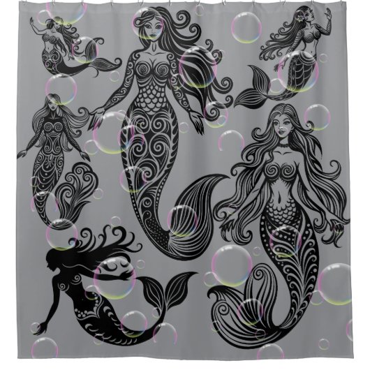 Grijs en zwart zeemeermin douchegordijn (Voorkant)