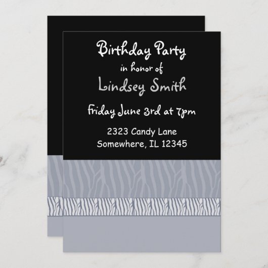 Grijs en Zwarte Zebra Afdrukdag Uitnodiging (Voorkant / Achterkant)