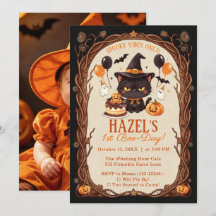 Grijs Enge Zwarte Kat Halloween Heks 1e Boe-dag Kaart