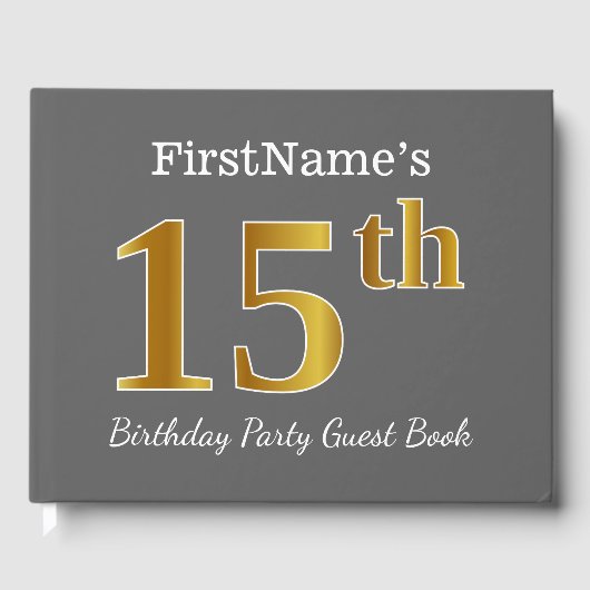 Grijs, Faux Gold 15e verjaardag Partij + Eigen naa Gastenboek (Voorkant)