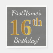 Grijs, Faux Gold 16e verjaardag + aangepaste naam Servetten (Voorkant)