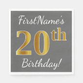 Grijs, Faux Gold 20e verjaardag + Aangepaste naam Servetten (Voorkant)