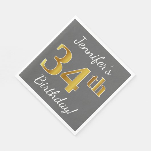 Grijs, Faux Gold 34th Birthday + Eigen naam Servet (Hoek)