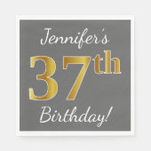 Grijs, Faux Gold 37th Birthday + Eigen naam Servet (Voorkant)