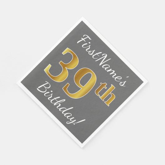 Grijs, Faux Gold 39th Birthday + Eigen naam Servet (Hoek)