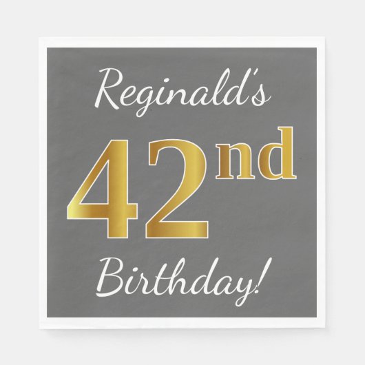 Grijs, Faux Gold 42e verjaardag + Eigen naam Servet (Voorkant)