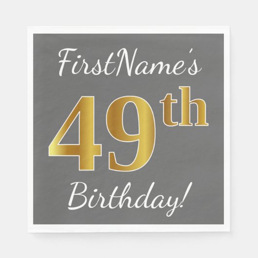Grijs, Faux Gold 49th Birthday + Eigen naam Servet (Voorkant)