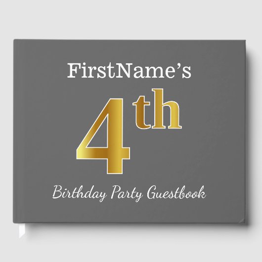 Grijs, Faux Gold 4e verjaardag Partij + Eigen naam Gastenboek (Voorkant)