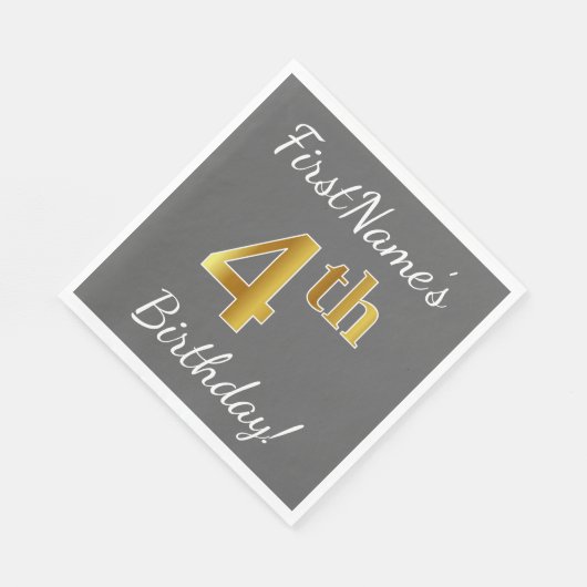 Grijs, Faux Gold 4th Birthday + Eigen naam Servetten (Hoek)