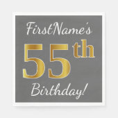 Grijs, Faux Gold 55th Birthday + Eigen naam Servetten (Voorkant)