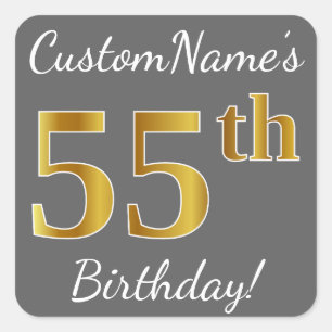 Grijs, Faux Gold 55th Birthday + Eigen naam Vierkante Sticker