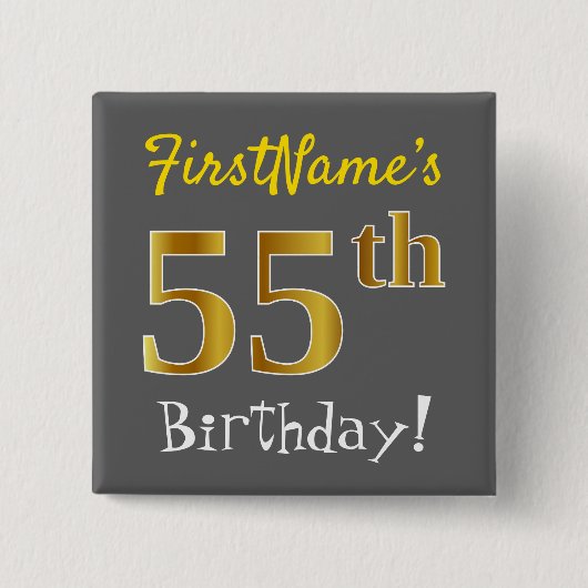 Grijs, Faux Gold 55th Birthday, met aangepaste naa Vierkante Button 5,1 Cm (Voorkant)