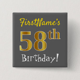 Grijs, Faux Gold 58th Birthday, met aangepaste naa Vierkante Button 5,1 Cm