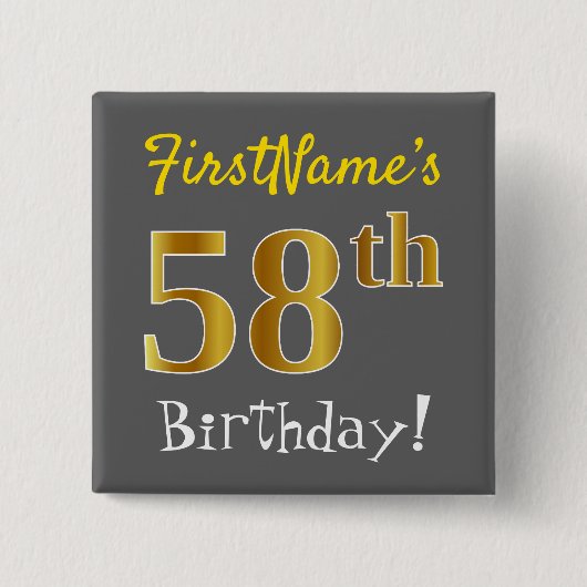 Grijs, Faux Gold 58th Birthday, met aangepaste naa Vierkante Button 5,1 Cm (Voorkant)