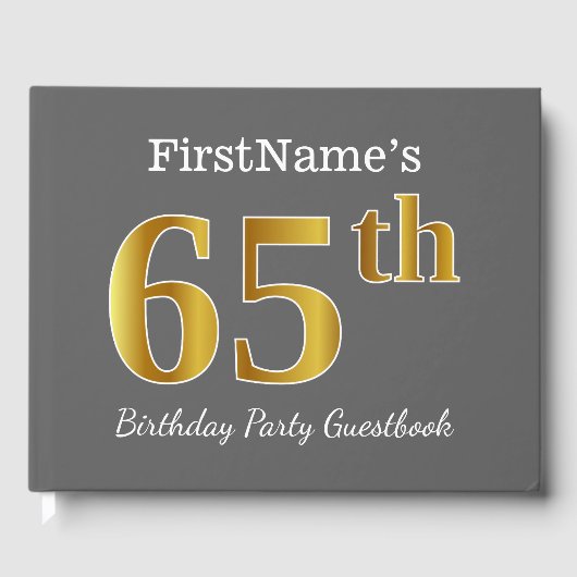Grijs, Faux Gold 65th Birthday Party + Aangepaste  Gastenboek (Voorkant)