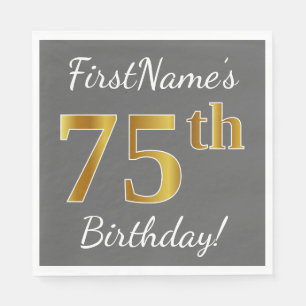 Grijs, Faux Gold 75th Birthday + Eigen naam Servetten