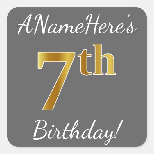 Grijs, Faux Gold 7e Verjaardag + aangepaste naam S Vierkante Sticker (Voorkant)