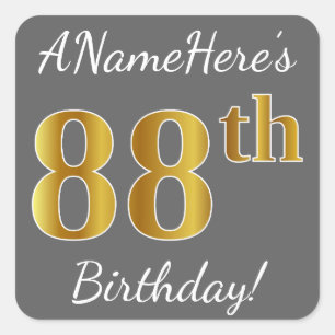 Grijs, Faux Gold 88th Birthday + Eigen naam Vierkante Sticker