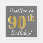 Grijs, Faux Gold 90th Birthday + Aangepaste naam Servetten (Voorkant)