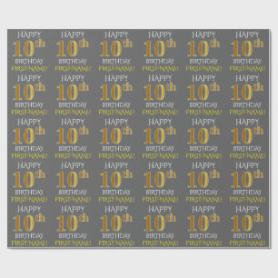 Grijs, Faux Gold "HAPPY 10th BIRTHDAY" Cadeaupapier