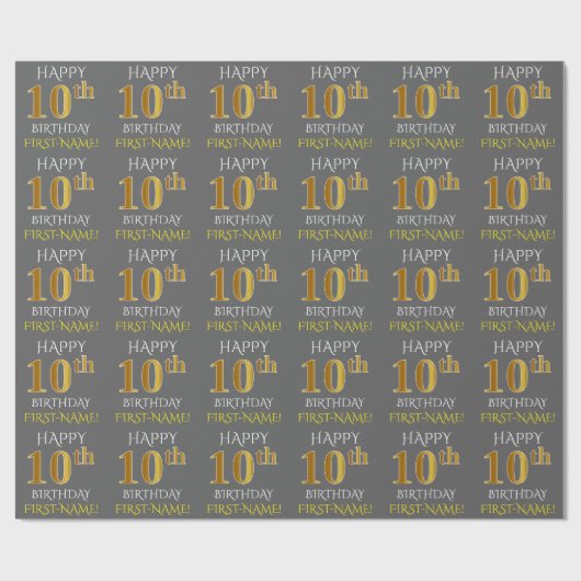 Grijs, Faux Gold "HAPPY 10th BIRTHDAY" Cadeaupapier (Vlak)