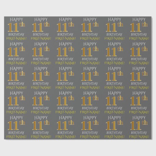 Grijs, Faux Gold "HAPPY 11th BIRTHDAY" Cadeaupapier (Vlak)