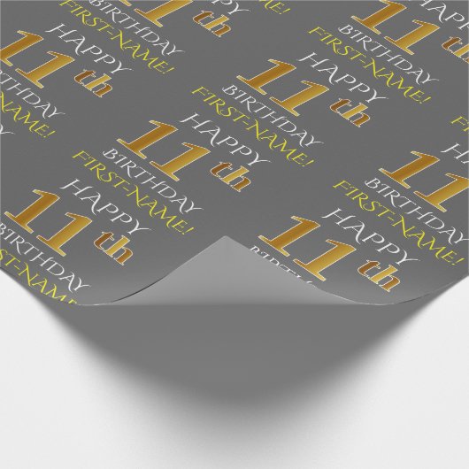 Grijs, Faux Gold "HAPPY 11th BIRTHDAY" Cadeaupapier (Hoek)