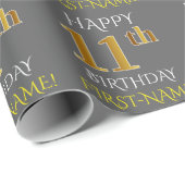 Grijs, Faux Gold "HAPPY 11th BIRTHDAY" Cadeaupapier (Rol Hoek)