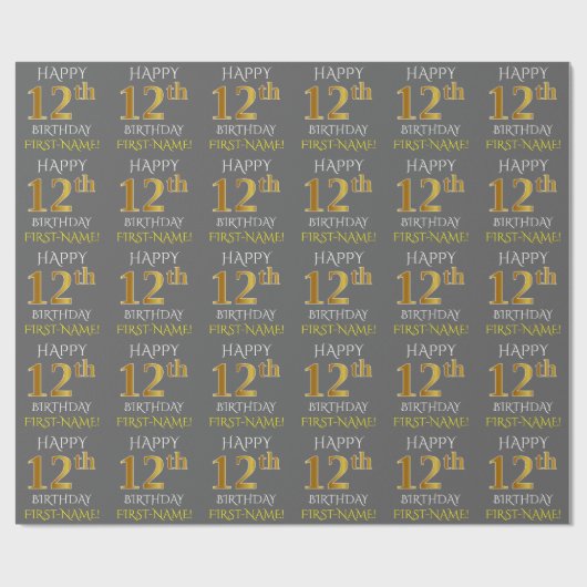 Grijs Faux Gold "HAPPY 12th BIRTHDAY" Cadeaupapier (Vlak)