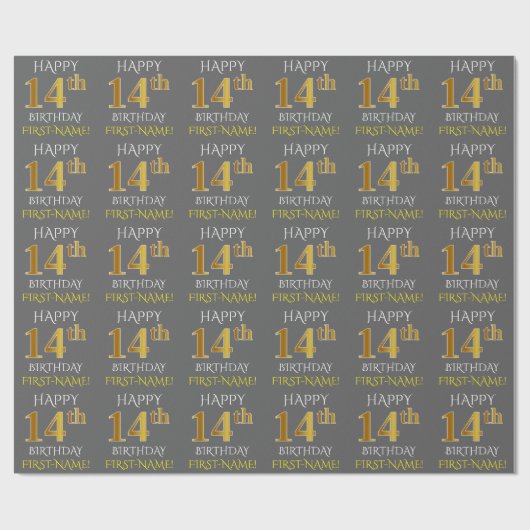 Grijs, Faux Gold "HAPPY 14th BIRTHDAY" Cadeaupapier (Vlak)