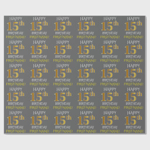 Grijs, Faux Gold "HAPPY 15th BIRTHDAY" Cadeaupapier