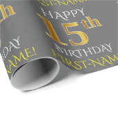 Grijs, Faux Gold "HAPPY 15th BIRTHDAY" Cadeaupapier (Rol Hoek)
