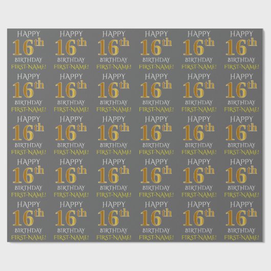 Grijs, Faux Gold "HAPPY 16th BIRTHDAY" Cadeaupapier (Vlak)