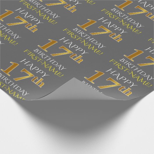 Grijs Faux Gold "HAPPY 17th BIRTHDAY" Cadeaupapier (Hoek)