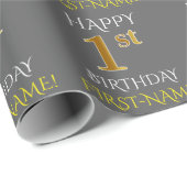 Grijs Faux Gold "HAPPY 1st BIRTHDAY" Cadeaupapier (Rol Hoek)