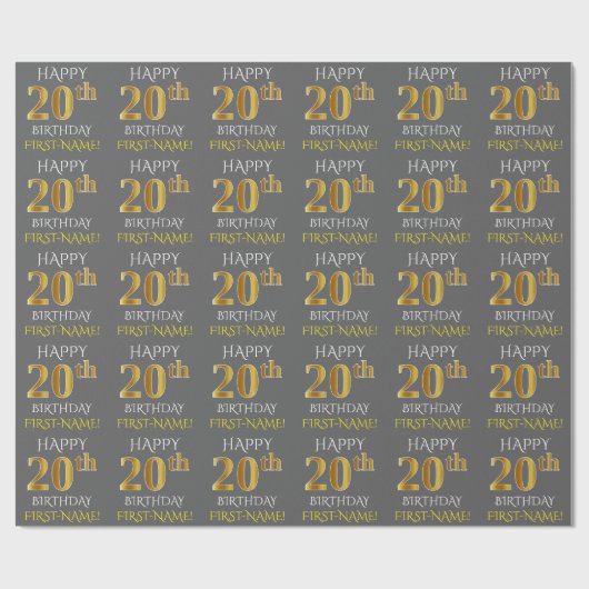 Grijs, Faux Gold "HAPPY 20th BIRTHDAY" Cadeaupapier (Vlak)