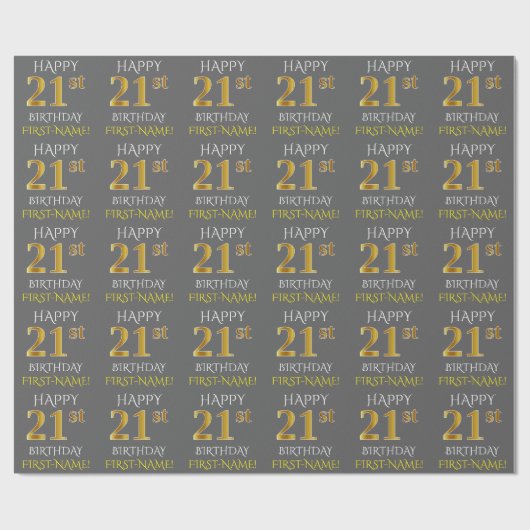 Grijs, Faux Gold "HAPPY 21st BIRTHDAY" Cadeaupapier (Vlak)
