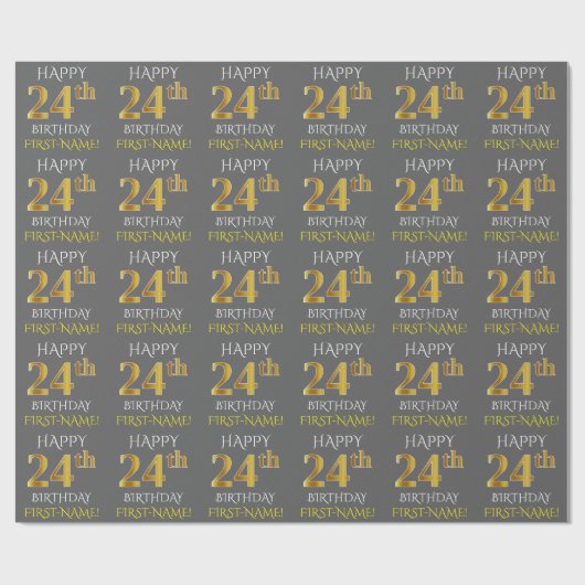 Grijs Faux Gold "HAPPY 24th BIRTHDAY" Cadeaupapier (Vlak)