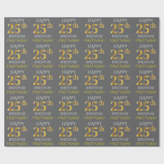 Grijs, Faux Gold "HAPPY 25th BIRTHDAY" Cadeaupapier (Vlak)