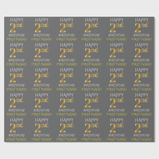Grijs, Faux Gold "HAPPY 2nd BIRTHDAY" Cadeaupapier (Vlak)