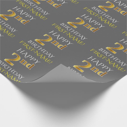Grijs, Faux Gold "HAPPY 2nd BIRTHDAY" Cadeaupapier (Hoek)