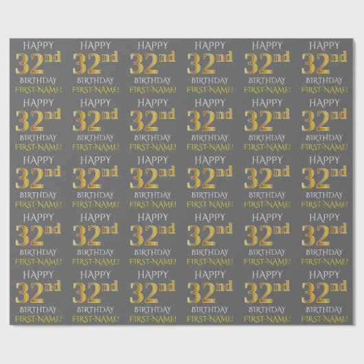 Grijs Faux Gold "HAPPY 32nd BIRTHDAY" Cadeaupapier (Vlak)