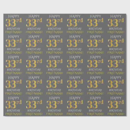 Grijs, Faux Gold "HAPPY 33rd BIRTHDAY" Cadeaupapier (Vlak)