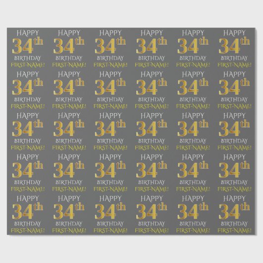 Grijs, Faux Gold "HAPPY 34th BIRTHDAY" Cadeaupapier (Vlak)