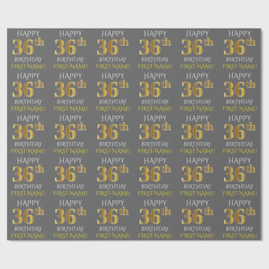 Grijs, Faux Gold "HAPPY 36th BIRTHDAY" Cadeaupapier (Vlak)