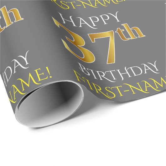 Grijs Faux Gold "HAPPY 37th BIRTHDAY" Cadeaupapier (Rol Hoek)