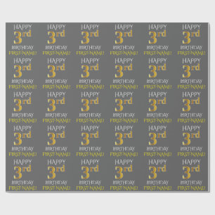 Grijs, Faux Gold "HAPPY 3rd BIRTHDAY" Cadeaupapier