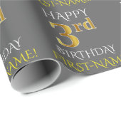 Grijs, Faux Gold "HAPPY 3rd BIRTHDAY" Cadeaupapier (Rol Hoek)