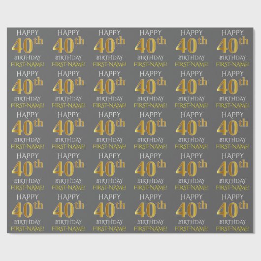 Grijs, Faux Gold "HAPPY 40th BIRTHDAY" Cadeaupapier (Vlak)